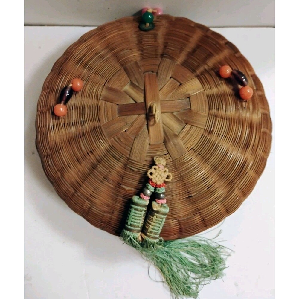 Antique 8" Chinese Sewing Basket Lidded Woven Bamboo Peking Glass Beads Coins